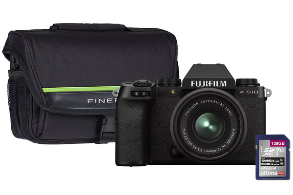 Fujifilm X-S10 Mirrorless Camera with 15-45mm f/3.5-5.6 OIS PZ XC Lens, 128GB SD Card & Case - Black