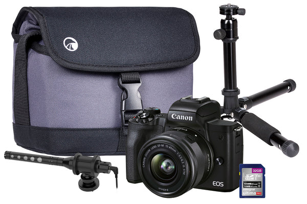 Canon EOS M50 MKII Vlogger Kit inc 15-45mm Lens, On-Camera Shotgun Microphone, Tripod, 32GB SD Card & Case - Black