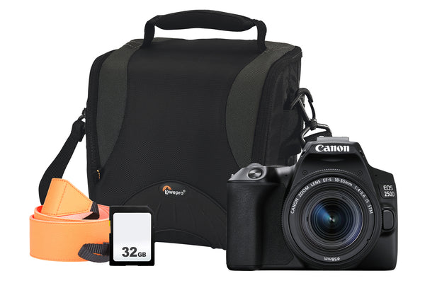 Canon EOS 250D Black SLR Camera Kit inc 18-55mm IS STM Lens, 32GB SD Card, Neck Strap & Bag