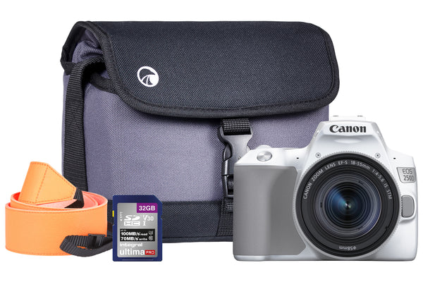 Canon EOS 250D White SLR Camera Kit inc 18-55mm IS STM Lens, 32GB SD Card, Neck Strap & Bag