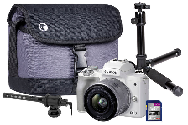 Canon EOS M50 MKII Vlogger Kit inc 15-45mm Lens, On-Camera Shotgun Microphone, Tripod, 32GB SD Card & Case - White